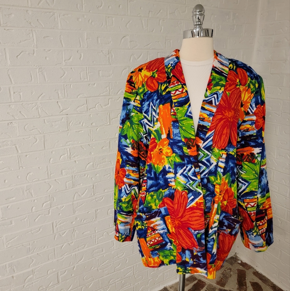 wild bold vintage oversized floral blazer shirt rayon hawaiian 80s 90s large